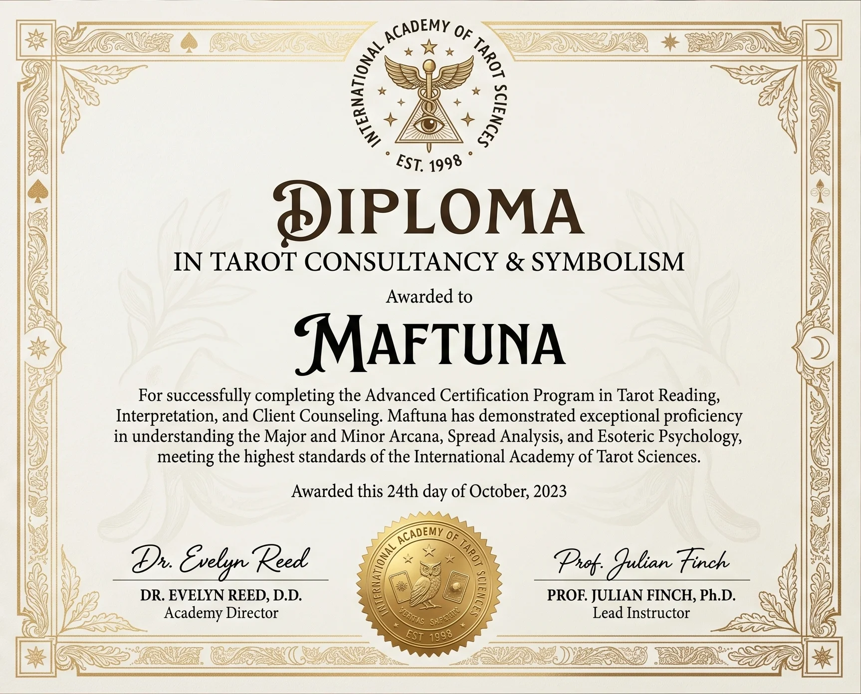 Диплом таролога Мафтуны - Международная квалификация в Ташкенте